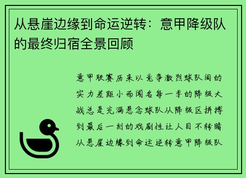 从悬崖边缘到命运逆转：意甲降级队的最终归宿全景回顾