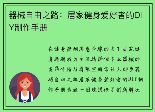 器械自由之路：居家健身爱好者的DIY制作手册